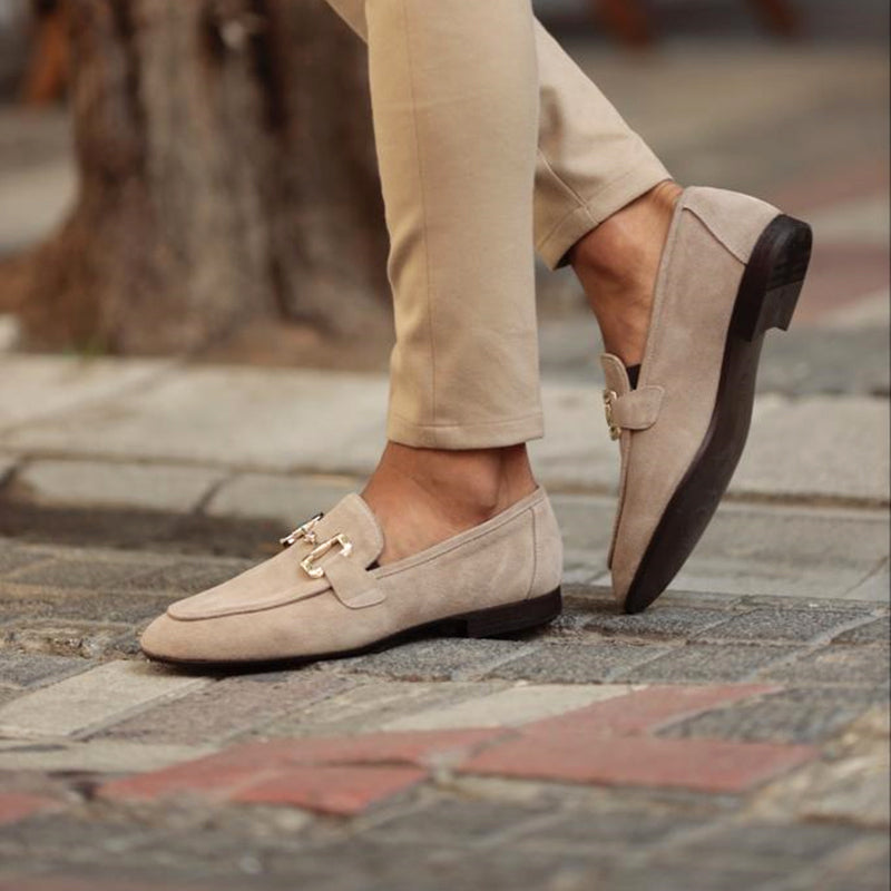 Men's suede loafers with horsebit detail, almond toe, crafted for semi-formal occasions, offering elegant versatile style.