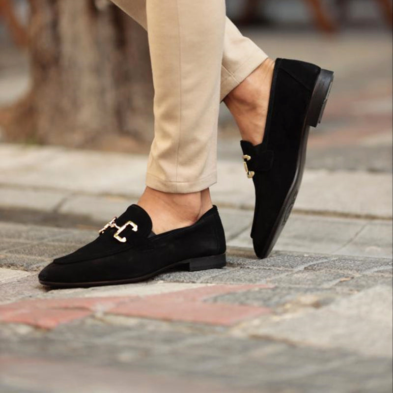 Men's suede loafers with horsebit detail, almond toe, crafted for semi-formal occasions, offering elegant versatile style.