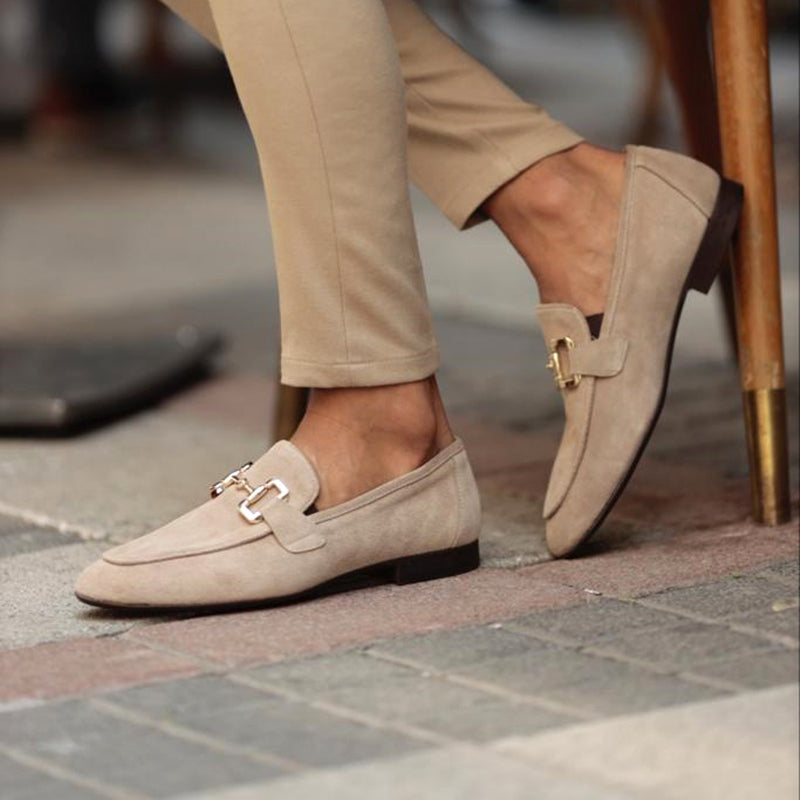 Men's suede loafers with horsebit detail, almond toe, crafted for semi-formal occasions, offering elegant versatile style.
