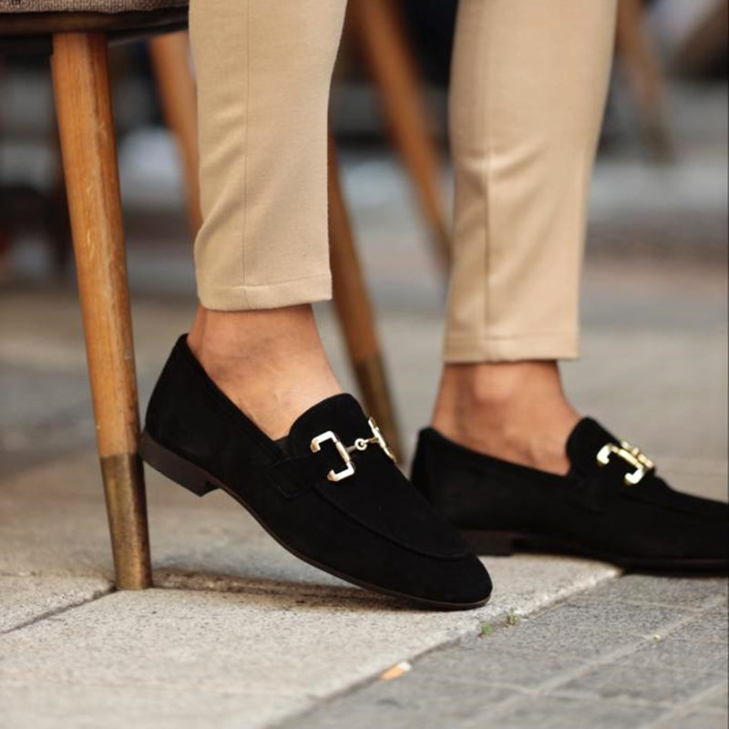 Men's suede loafers with horsebit detail, almond toe, crafted for semi-formal occasions, offering elegant versatile style.