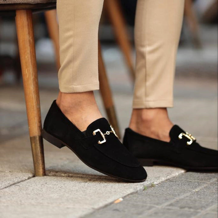 Men's suede loafers with horsebit detail, almond toe, crafted for semi-formal occasions, offering elegant versatile style.