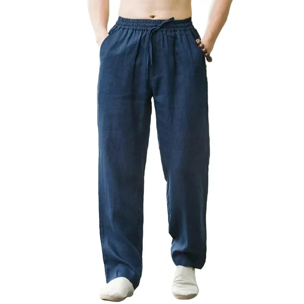 Men's summer linen pants, front view. Breathable lightweight fabric, relaxed fit with elastic waistband, perfect for casual w