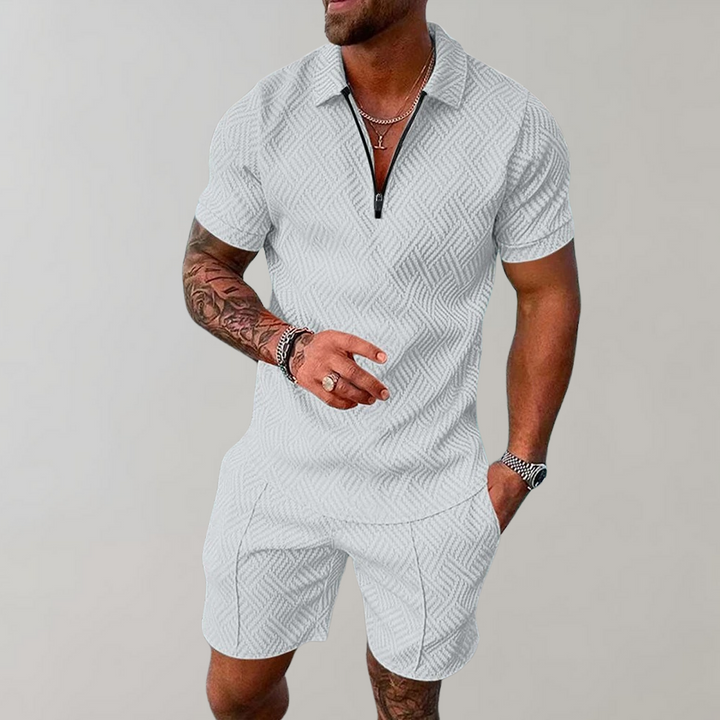 "Men's summer polo and shorts set, casual style, features a sleek zip polo with matching shorts, perfect for warm days."