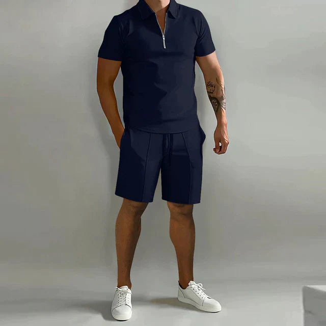 Men's summer polo shirt and shorts set in various colors, showcasing stylish design and breathable fabric for comfort.