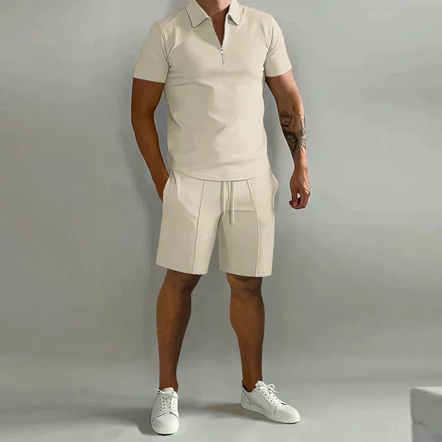 Men's summer polo shirt and shorts set in various colors, showcasing stylish design and breathable fabric for comfort.