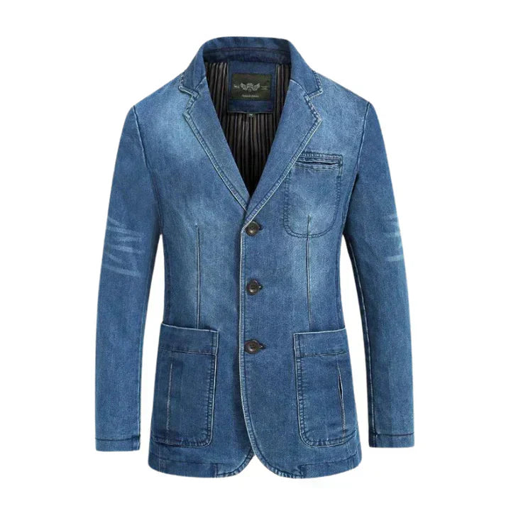 "Men's tailored denim blazer with refined structure, casual sophistication, versatile style, and comfortable fit."