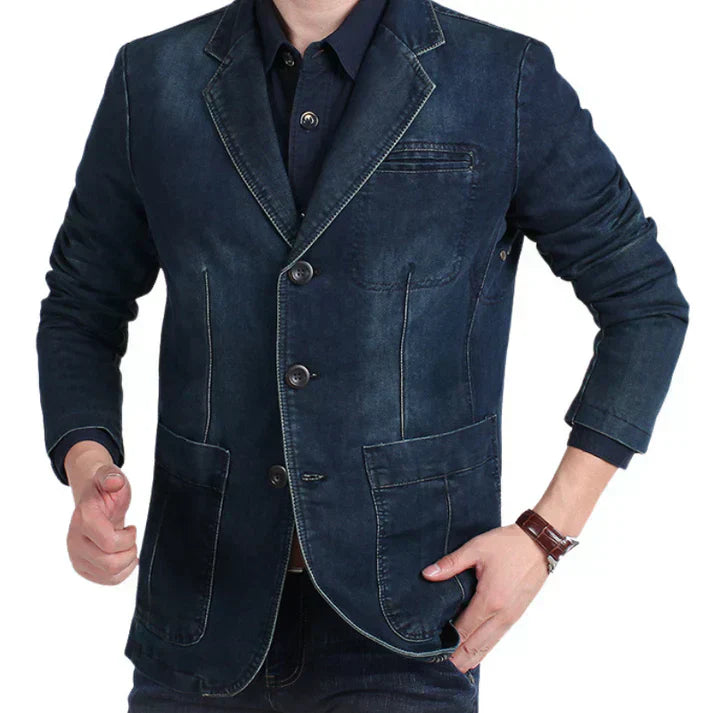 "Men's tailored denim blazer with refined structure, casual sophistication, versatile style, and comfortable fit."