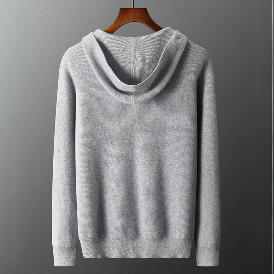 "Men's ultra-soft cashmere hoodie, sleek design, warm, durable, available in blue, gray, navy, perfect for comfort."