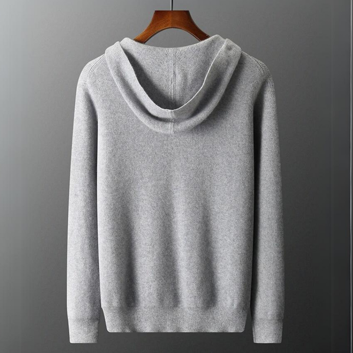 "Men's ultra-soft cashmere hoodie, sleek design, warm, durable, available in blue, gray, navy, perfect for comfort."