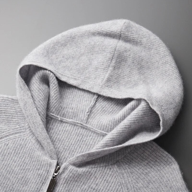 "Men's ultra-soft cashmere hoodie, sleek design, warm, durable, available in blue, gray, navy, perfect for comfort."