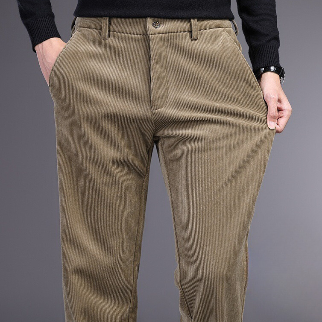 "Men's ultra-soft corduroy trousers with 4-way stretch, deep pockets, ideal for formal wear in black, brown, khaki, or navy."