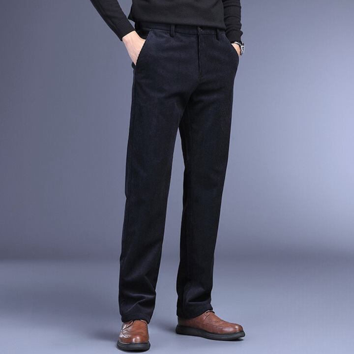 "Men's ultra-soft corduroy trousers with 4-way stretch, deep pockets, ideal for formal wear in black, brown, khaki, or navy."