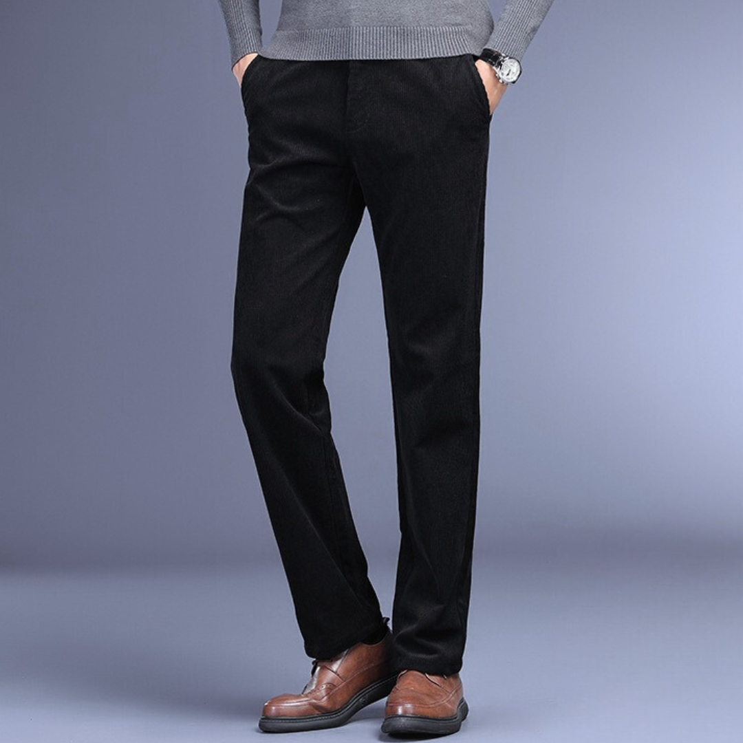 "Men's ultra-soft corduroy trousers with 4-way stretch, deep pockets, ideal for formal wear in black, brown, khaki, or navy."