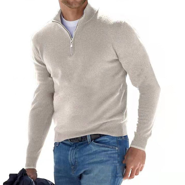 "Men's V-neck sweater in faux merino wool, featuring a stylish zipper detail, perfect for casual and semi-formal wear."