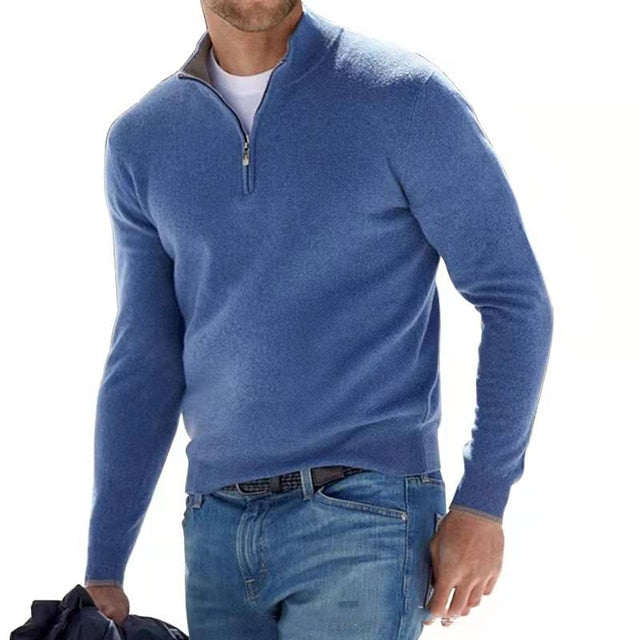"Men's V-neck sweater in faux merino wool, featuring a stylish zipper detail, perfect for casual and semi-formal wear."
