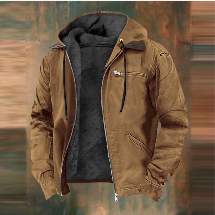 "Men's versatile hooded cotton jacket in stylish urban design with functional hood and eco-friendly sustainable fabric."
