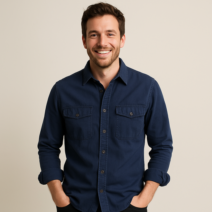 "Men's washed cotton cargo work shirt with pockets, in classic blue, featuring two chest pockets and durable stitching."