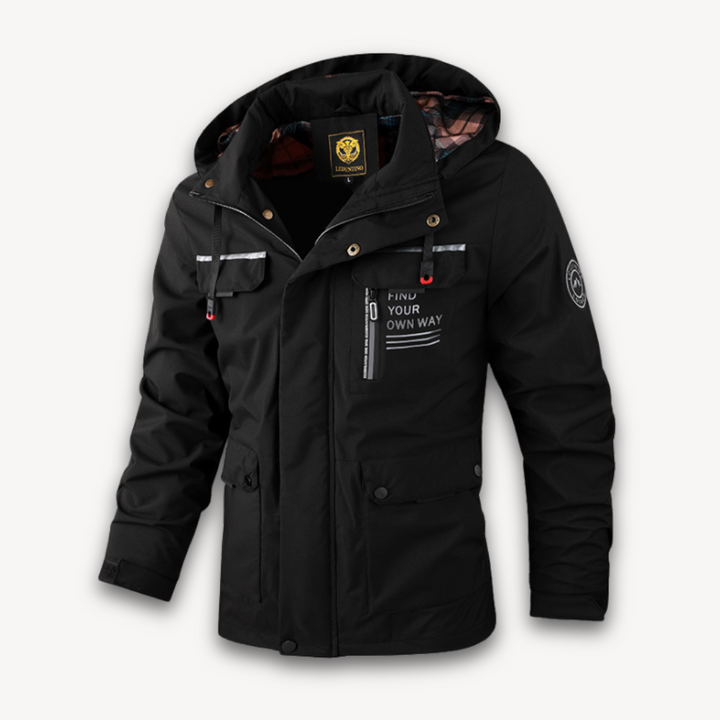 Men's waterproof hooded summer jacket in four colors, front view showing detachable hood and sleek design features.