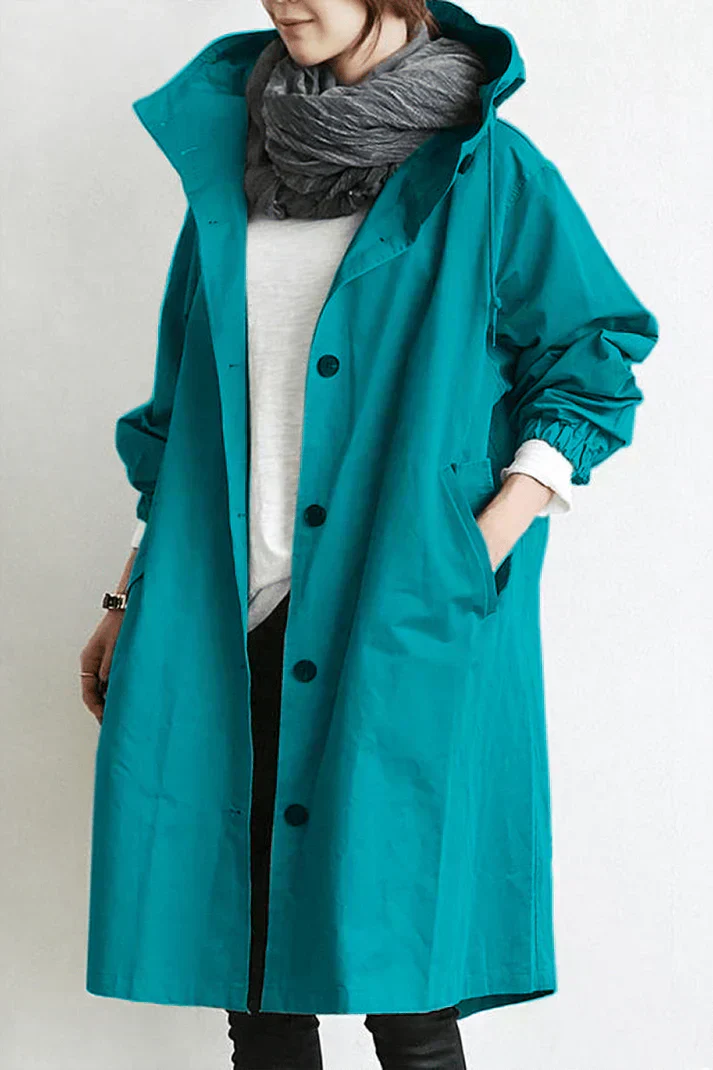 "Men's waterproof trench coat with hood, long tailored fit in black, showcasing stylish design and weather-resistant fabric."