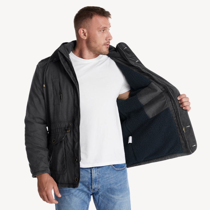 Men's waterproof winter parka with fur-lined hood; thick fleece lining, adjustable fit, multiple pockets; stylish and durable
