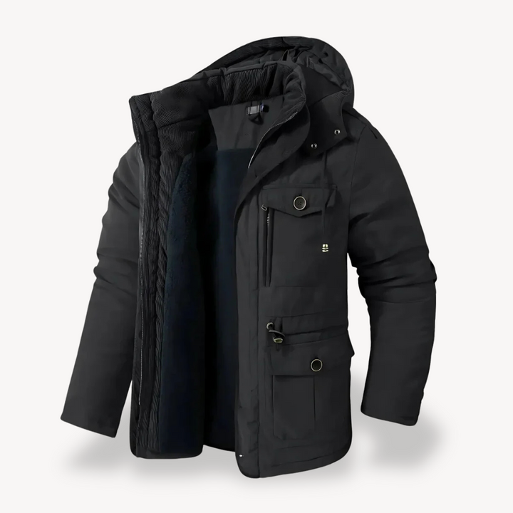 Men's waterproof winter parka with fur-lined hood; thick fleece lining, adjustable fit, multiple pockets; stylish and durable