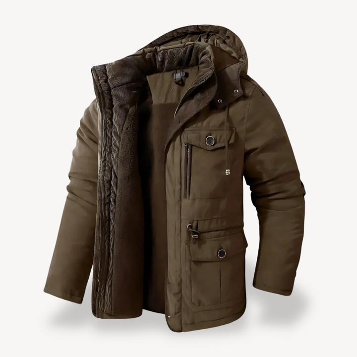 Men's waterproof winter parka with fur-lined hood; thick fleece lining, adjustable fit, multiple pockets; stylish and durable