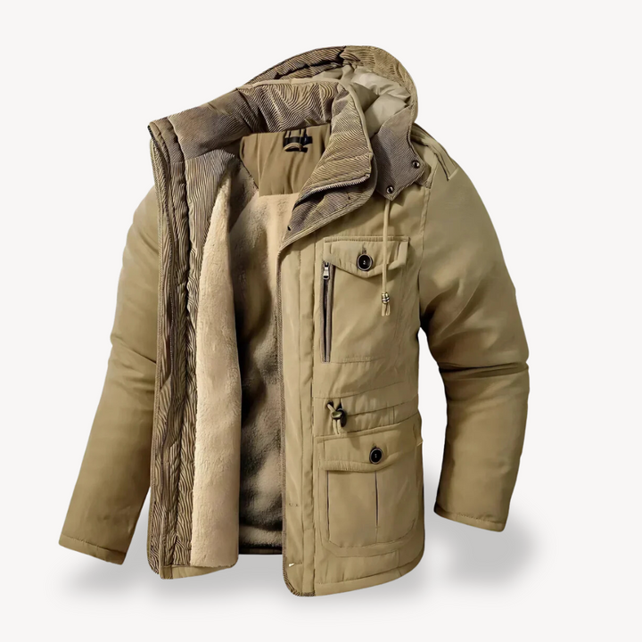 Men's waterproof winter parka with fur-lined hood; thick fleece lining, adjustable fit, multiple pockets; stylish and durable