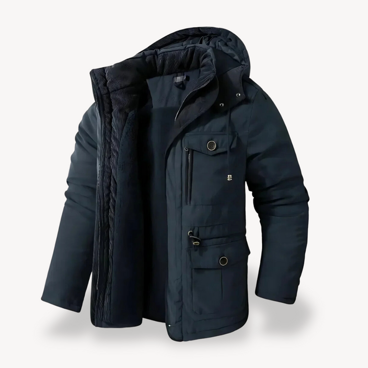 Men's waterproof winter parka with fur-lined hood; thick fleece lining, adjustable fit, multiple pockets; stylish and durable