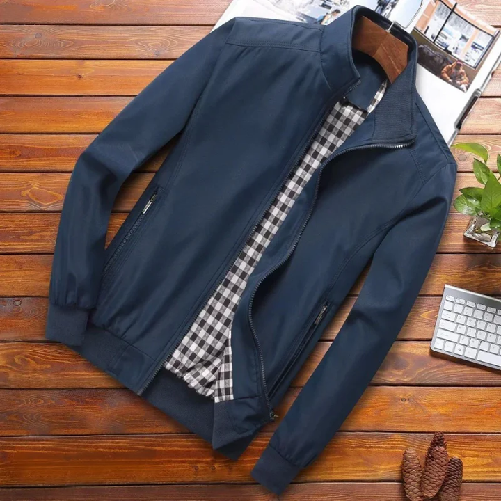 "Men's windproof summer jacket, lightweight, stylish, tailored fit, zip closure, ideal for casual and smart-casual wear."