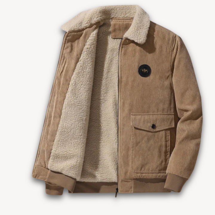 "Men's winter corduroy jacket with sherpa lining, stylish corduroy exterior, and warm accents, front view."