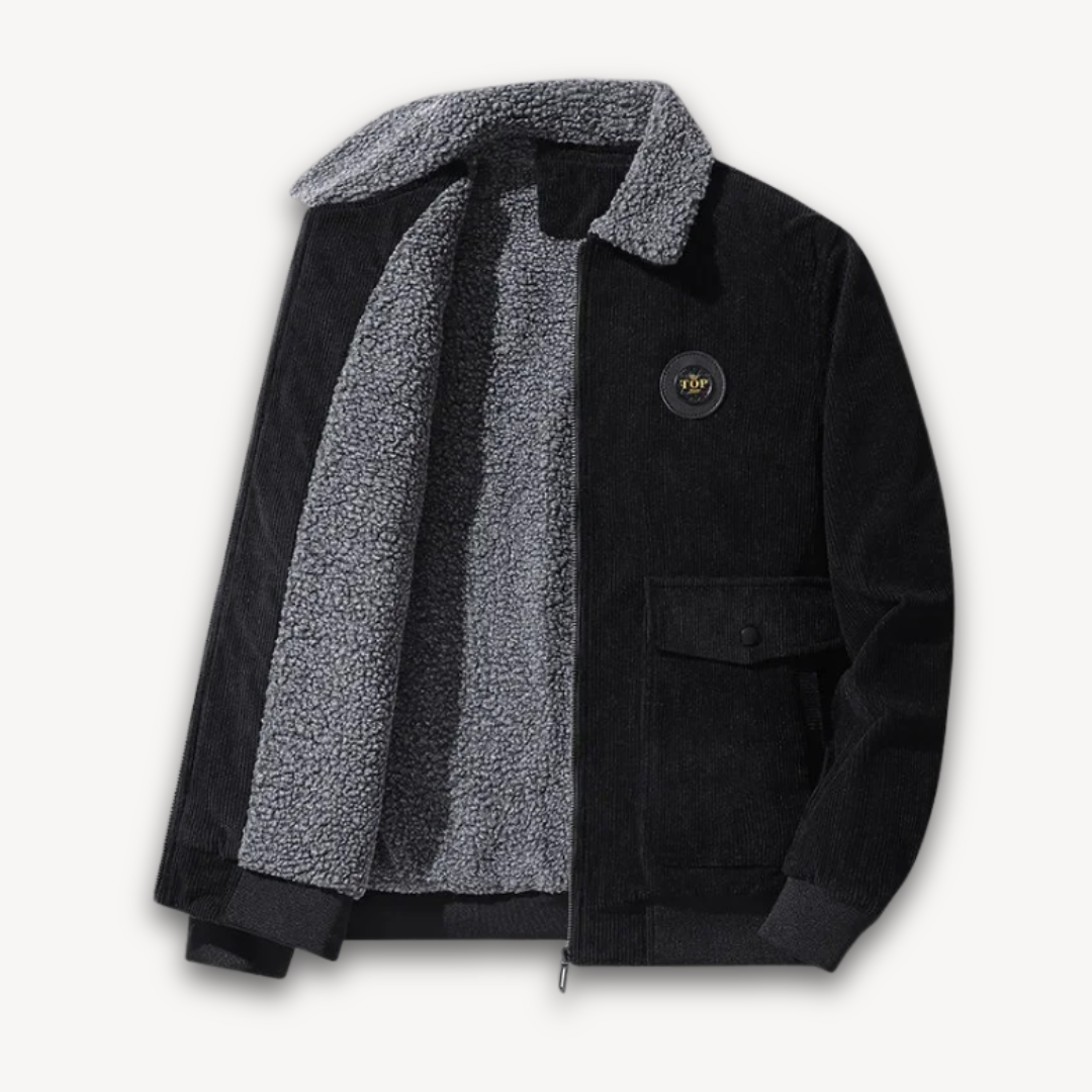 "Men's winter corduroy jacket with sherpa lining, stylish corduroy exterior, and warm accents, front view."