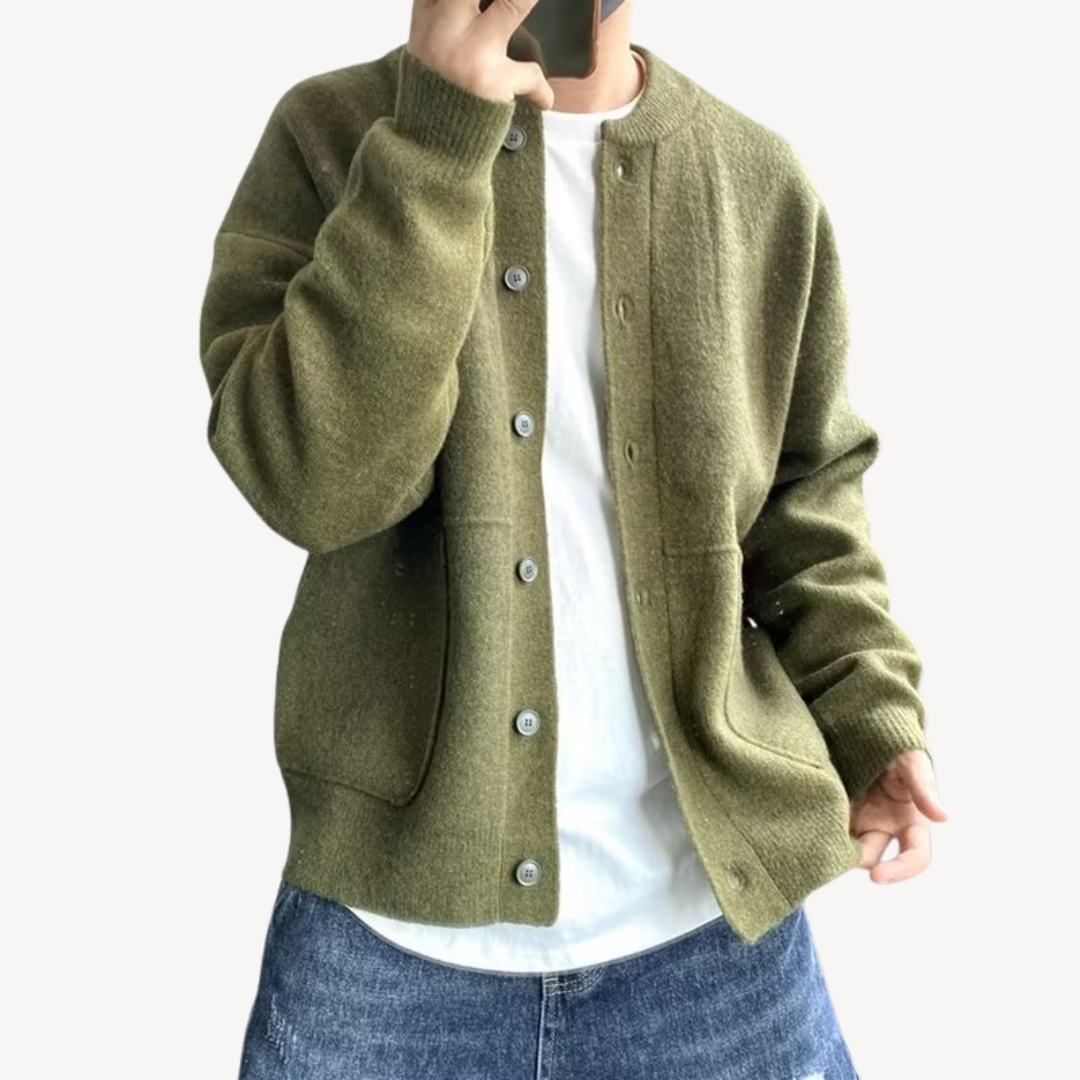 Men's wool button-up cardigan in green, showcasing premium wool fabric, button-up front, and relaxed fit for versatile stylin