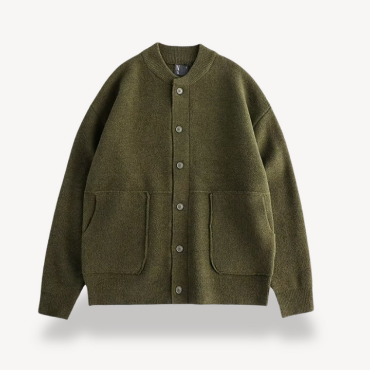 Men's wool button-up cardigan in green, showcasing premium wool fabric, button-up front, and relaxed fit for versatile stylin