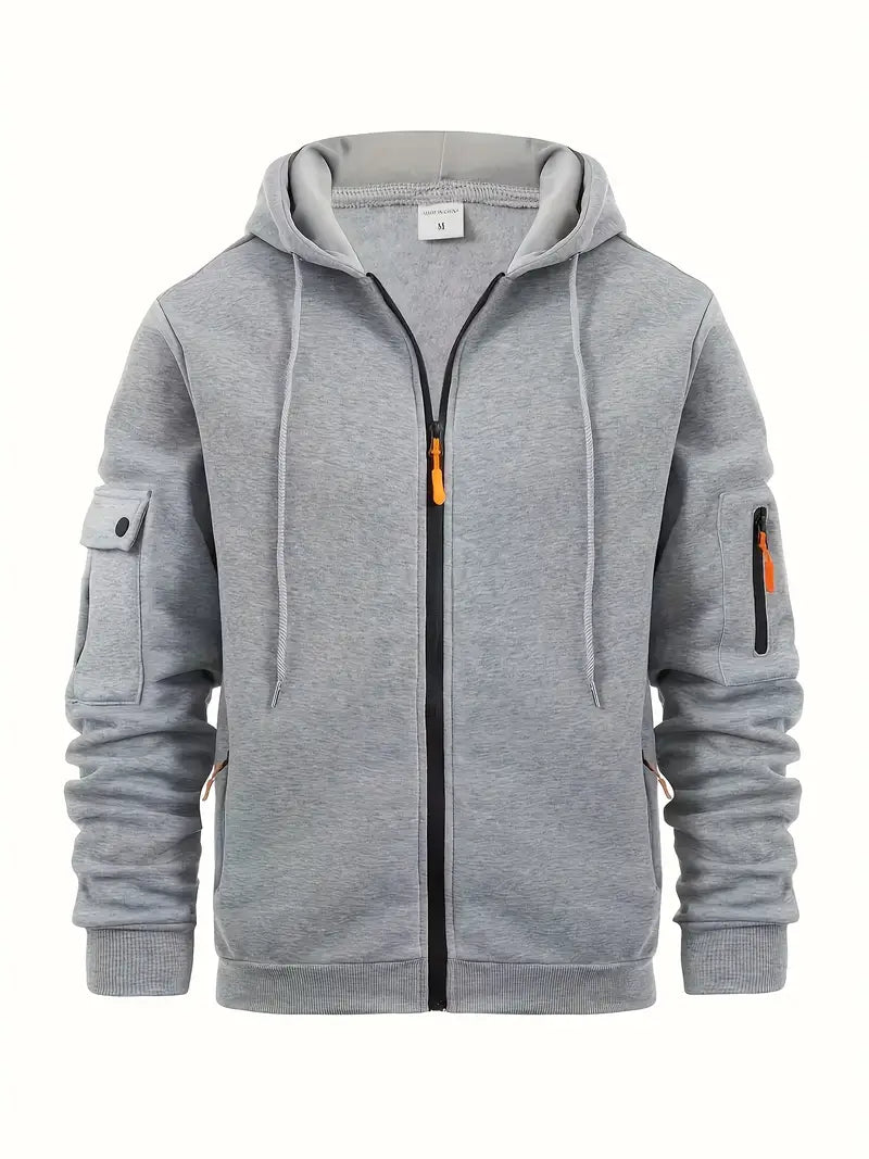 "Men's wool hooded sweatshirt in soft material, casual style. Available in various colors, shown with classic hood."