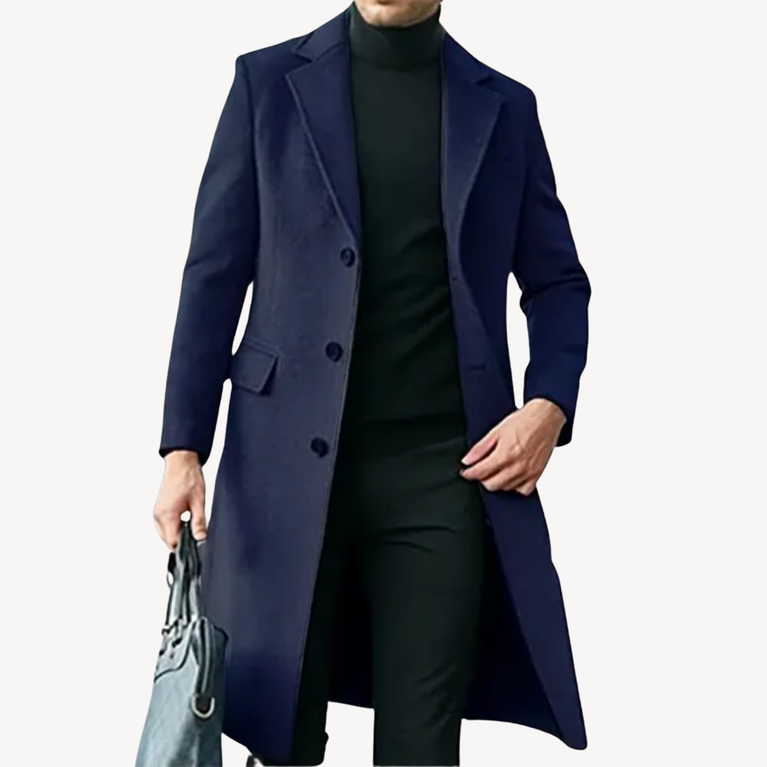 Men's wool overcoat, elegant long coat. Front view shows sleek fit, secure button closure, versatile color for cold weather.