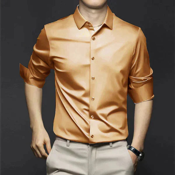 "Men's wrinkle-free dress shirt in beige. Stylish, tailored fit perfect for formal and casual settings."