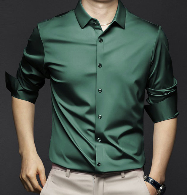 "Men's wrinkle-free dress shirt in beige. Stylish, tailored fit perfect for formal and casual settings."