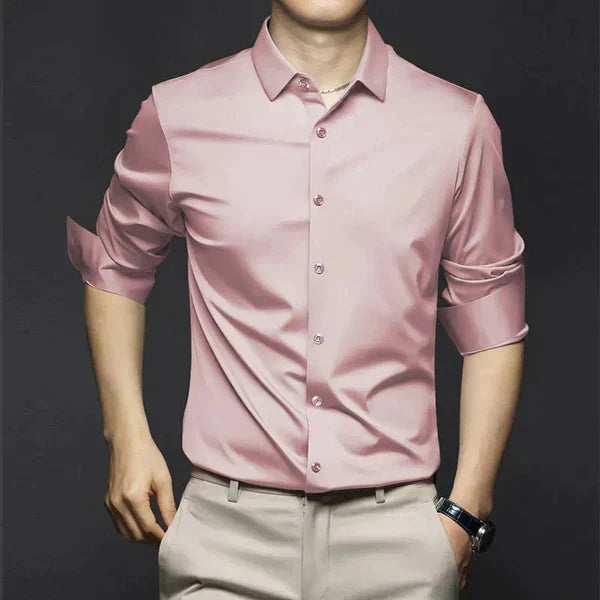 "Men's wrinkle-free dress shirt in beige. Stylish, tailored fit perfect for formal and casual settings."
