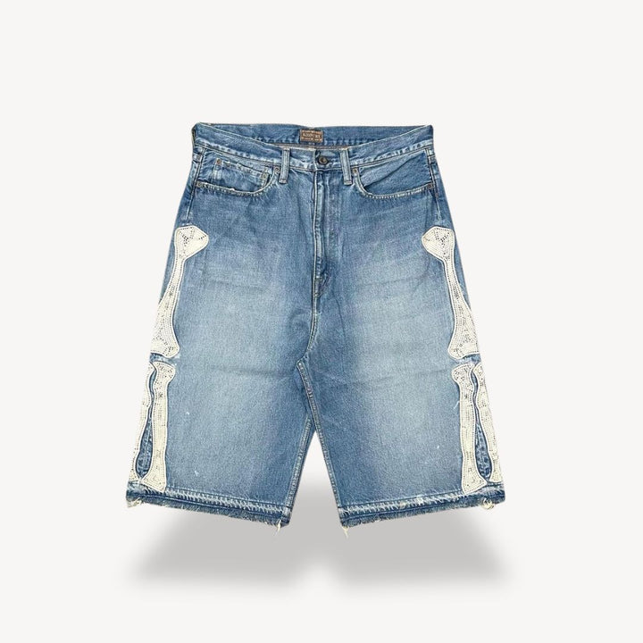"Men's Y2K Graphic Bermuda Shorts with retro graffiti prints, breathable cotton, streetwear style, vibrant and bold design."