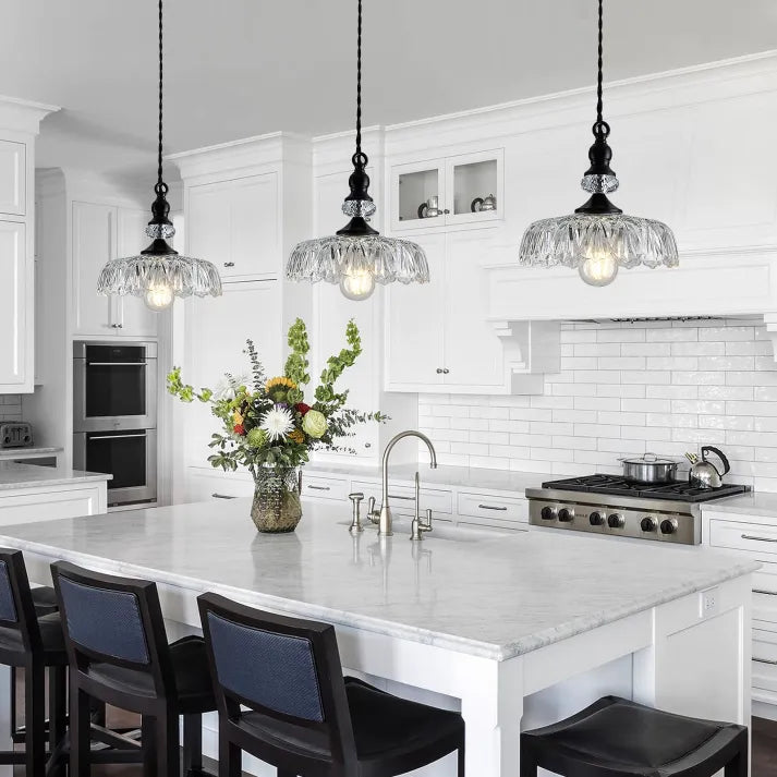 "Mid-century glass pendant light with sleek design, ideal for kitchen island, featuring iron and acrylic materials."