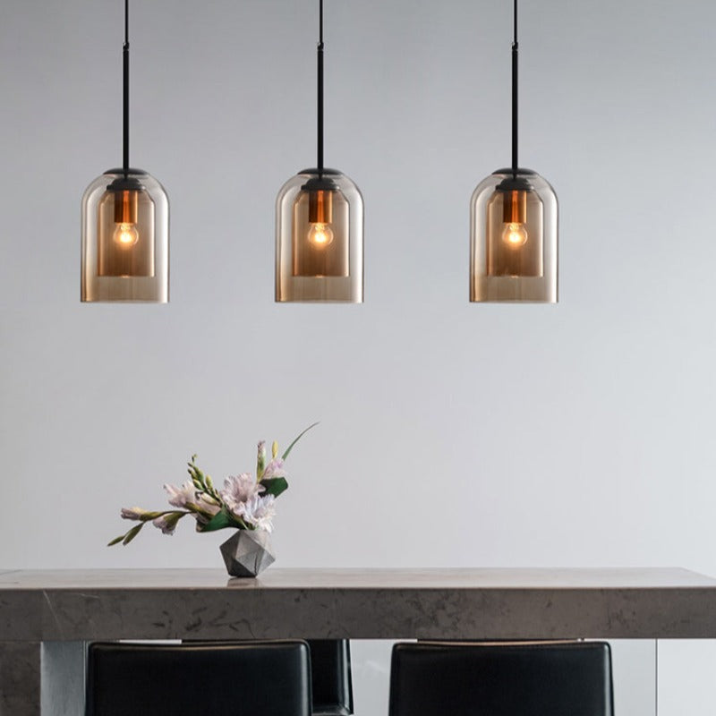 Mid-Century pendant lamp with double glass shades, polished iron fittings, smoke grey color, modern lighting for elegant spac