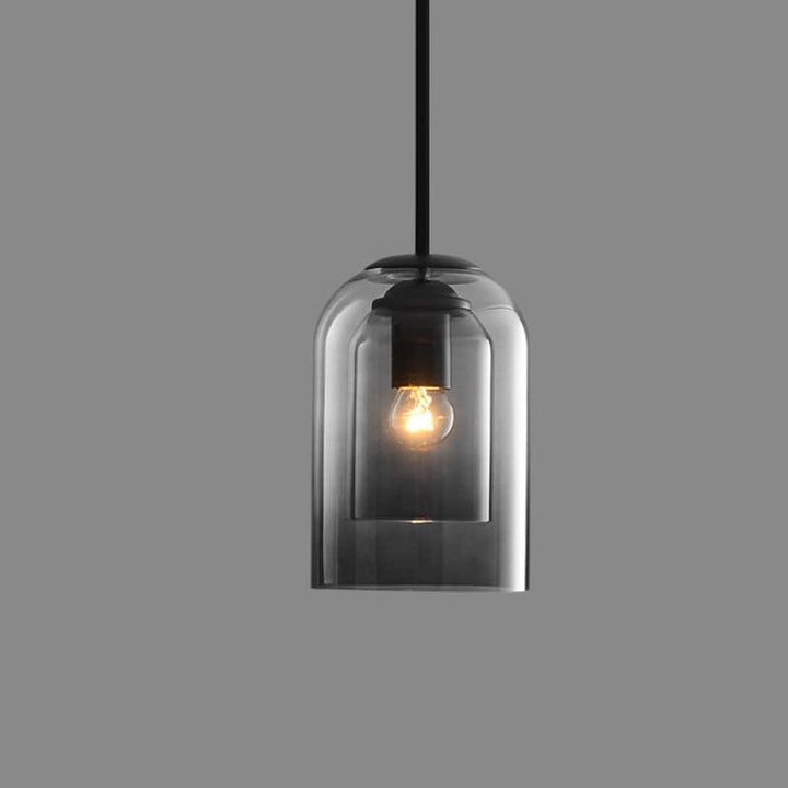 Mid-Century pendant lamp with double glass shades, polished iron fittings, smoke grey color, modern lighting for elegant spac