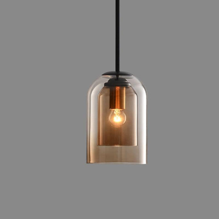 Mid-Century pendant lamp with double glass shades, polished iron fittings, smoke grey color, modern lighting for elegant spac
