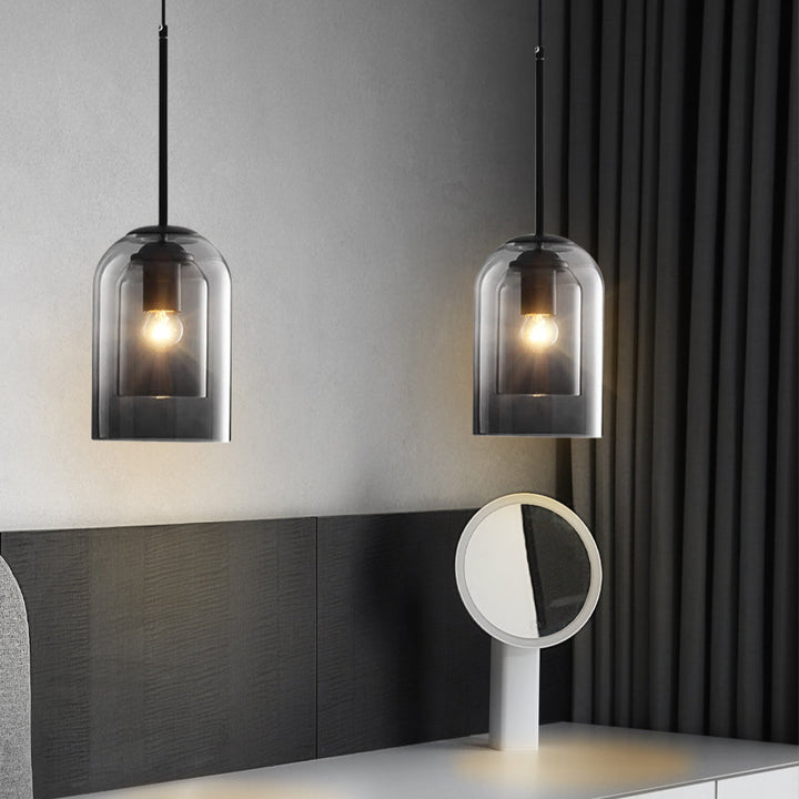 Mid-Century pendant lamp with double glass shades, polished iron fittings, smoke grey color, modern lighting for elegant spac