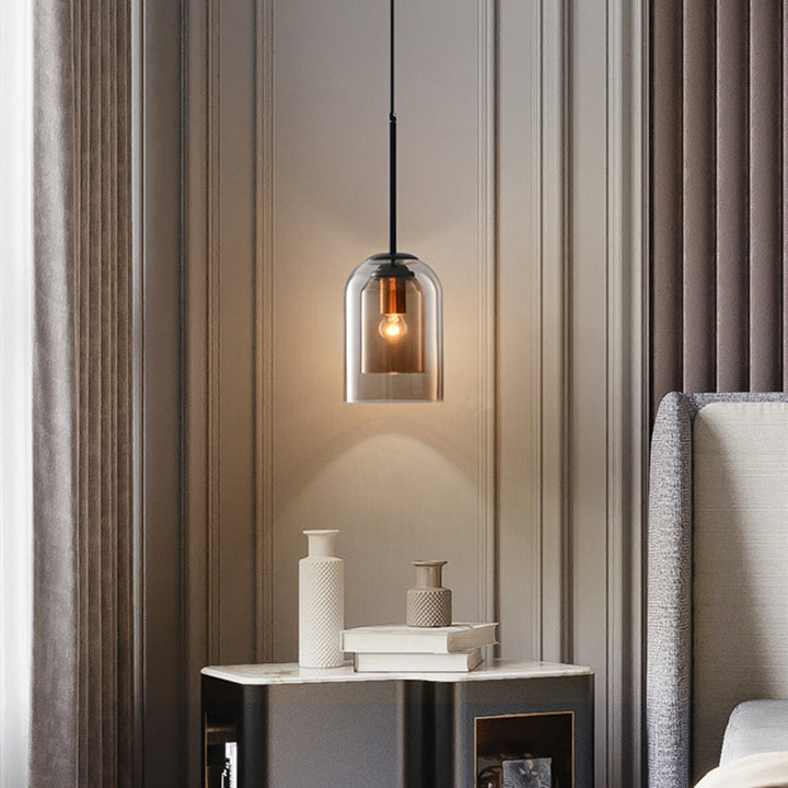 Mid-Century pendant lamp with double glass shades, polished iron fittings, smoke grey color, modern lighting for elegant spac