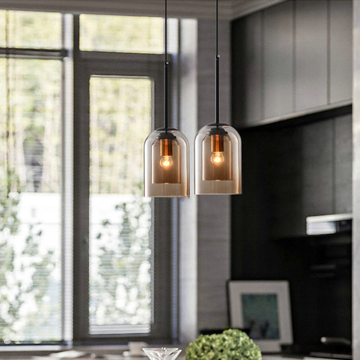 Mid-Century pendant lamp with double glass shades, polished iron fittings, smoke grey color, modern lighting for elegant spac