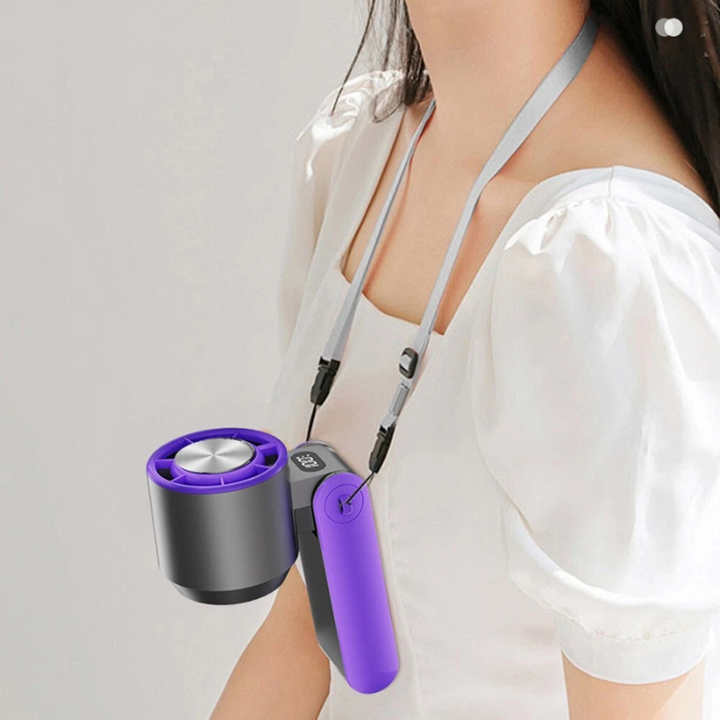 Mini handheld folding rechargeable fan, portable desk or neck use, compact and sleek design offers powerful, quiet cooling.