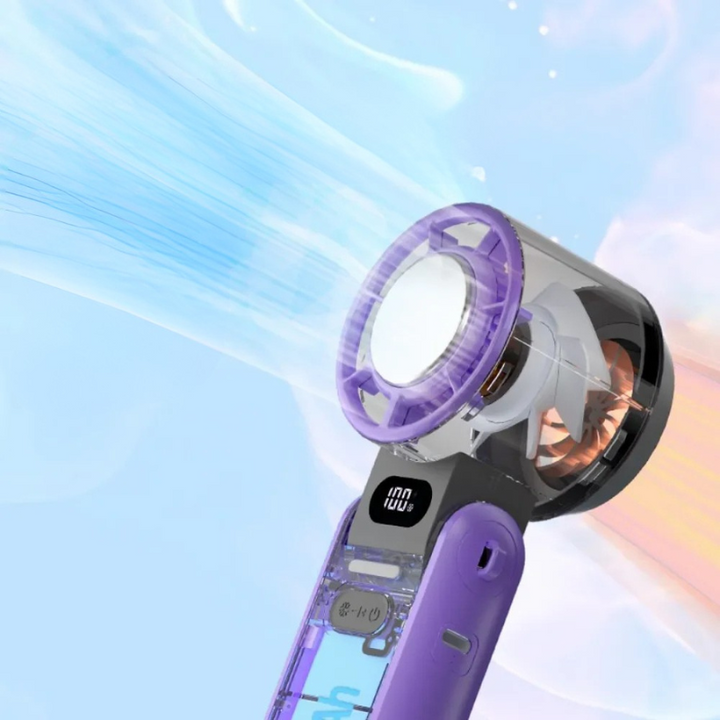 Mini handheld folding rechargeable fan, portable desk or neck use, compact and sleek design offers powerful, quiet cooling.