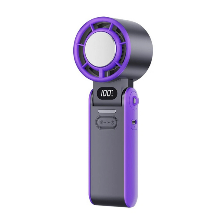 Mini handheld folding rechargeable fan, portable desk or neck use, compact and sleek design offers powerful, quiet cooling.