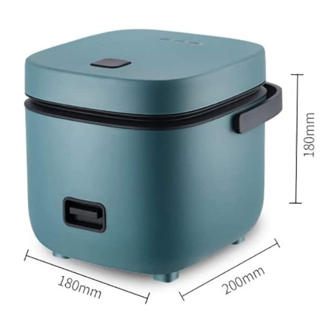 "Mini rice cooker and steamer, compact design for 1-2 people, 1.2L capacity, in green, ideal for small kitchens or travel."